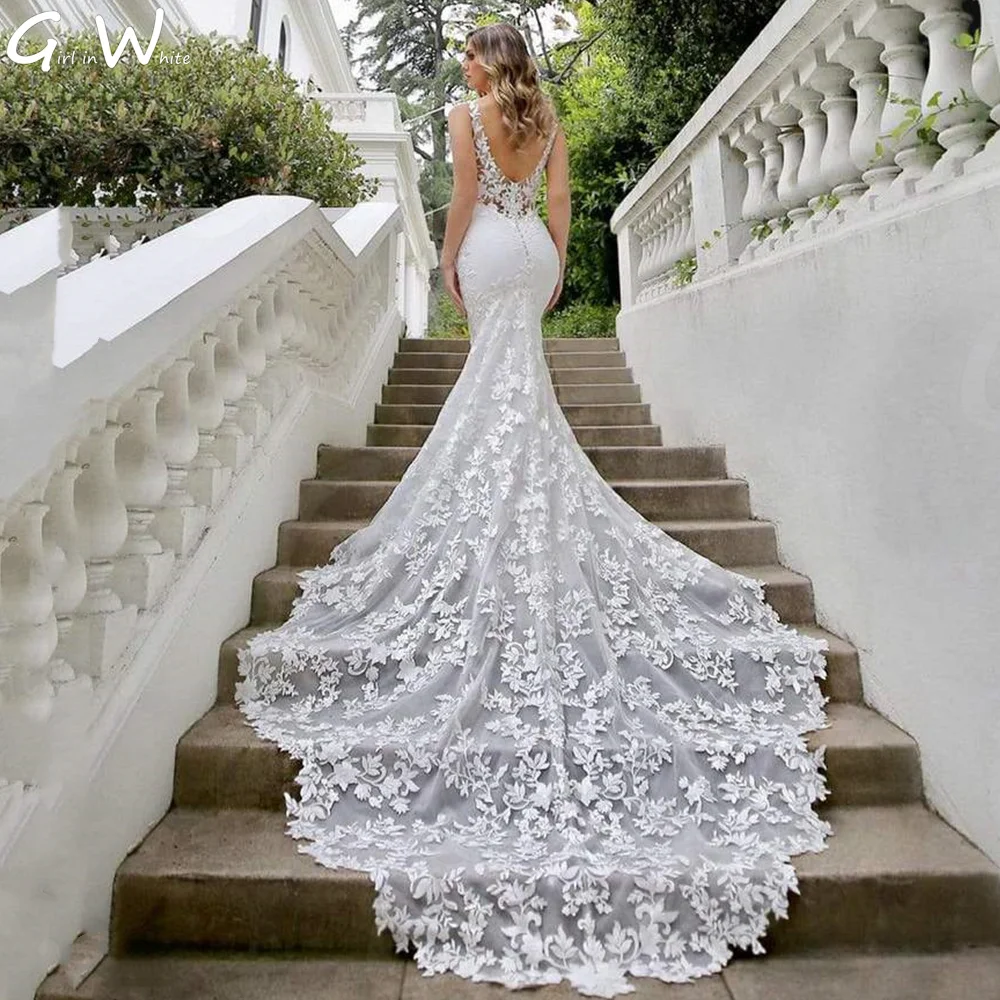 Vestido De novia De encaje De sirena con cuello en V, Sexy, apliques De encaje, batas De novia personalizadas, cola De corte De satén, vestidos De novia