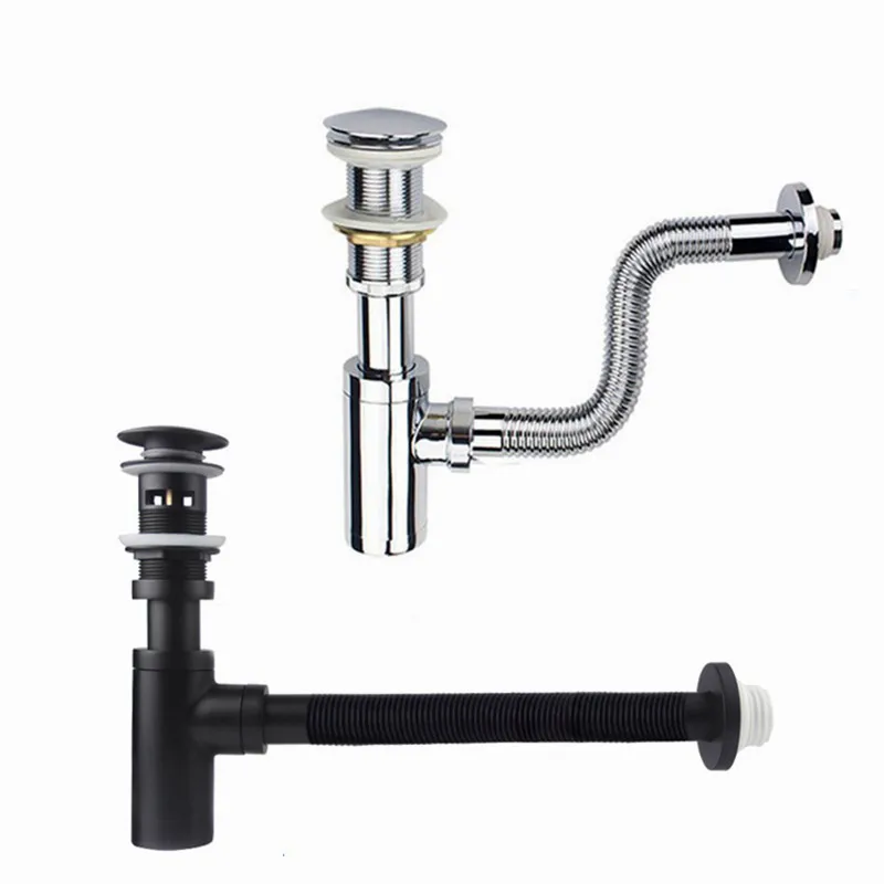 35cm flexible pipe Basin Bottle Trap Brass Bathroom Sink Siphon Drains with Pop Up Drain Black or chrome P-TRAP Pipe Waste