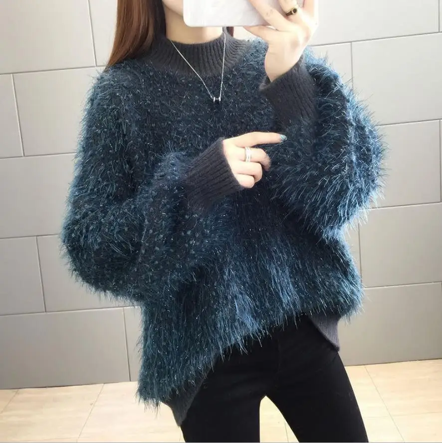 White Mohair Fur Knitted Sweater Women Pullovers 2024 New Winter Fashion Shiny Soft Warm Jumper Female Loose Sweater Casual Tops