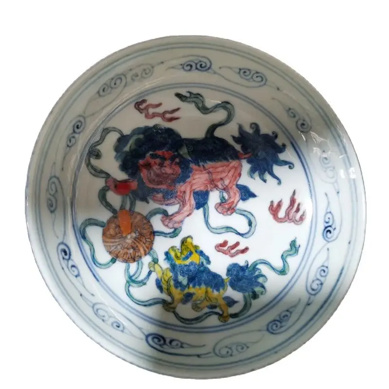 Chinese Old Porcelain Ji Blue Glaze Five Color Lion Pattern Plate