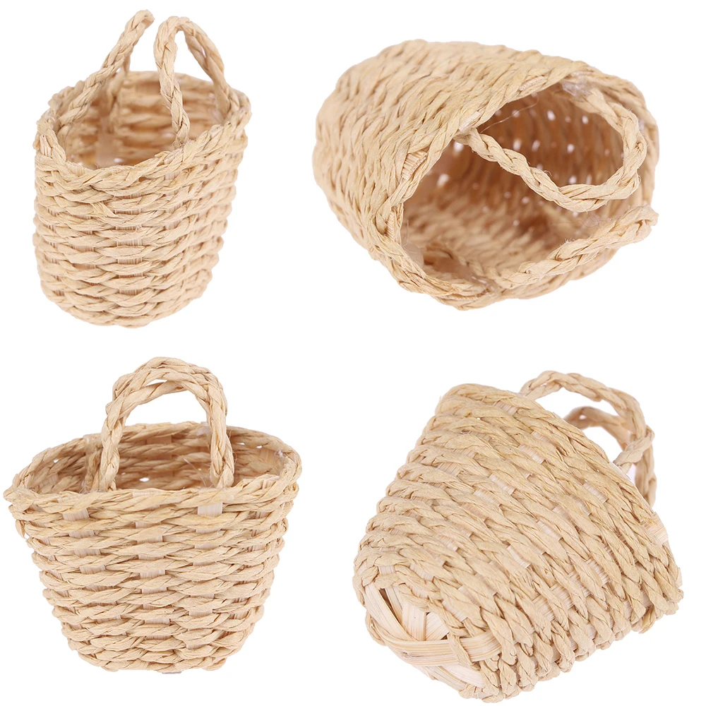 Mini 1/12 Cute Dollhouse Rattan Iron Frame Frame Hand Woven Vegetable Food Storage Basket Dolls Miniature Decoration