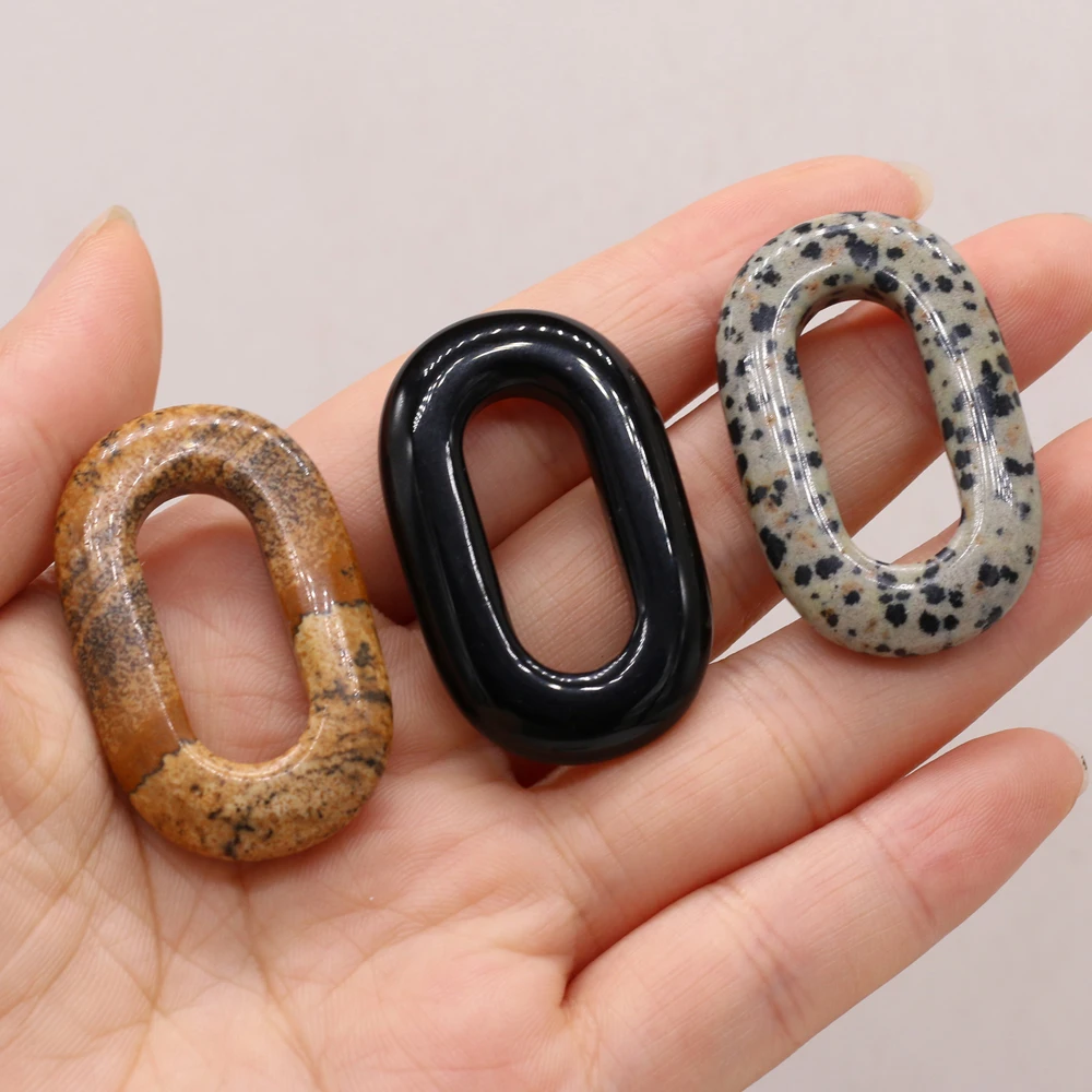 Colgante ovalado hueco de piedra de Gema Natural, dijes de jaspe dálmata para manualidades DIY, pendientes, collar, fabricación de joyas, 25x40mm, superventas