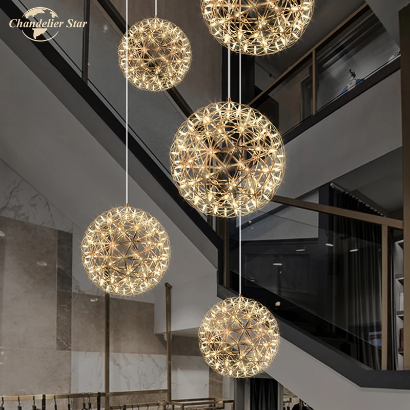 Nordic Firework Stainless Steel Chandeliers Lights for Living Room Bedroom Staircase  Restaurant Dandelion Ball Spark LED Lamp