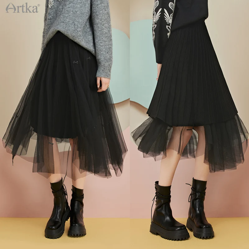 ARTKA 2025 A/W New Women Skirt Elegant Gauze Lace Elastic High Waist Midi Skirts A-Line Two-side Wear Knitted Skirt QB29011D