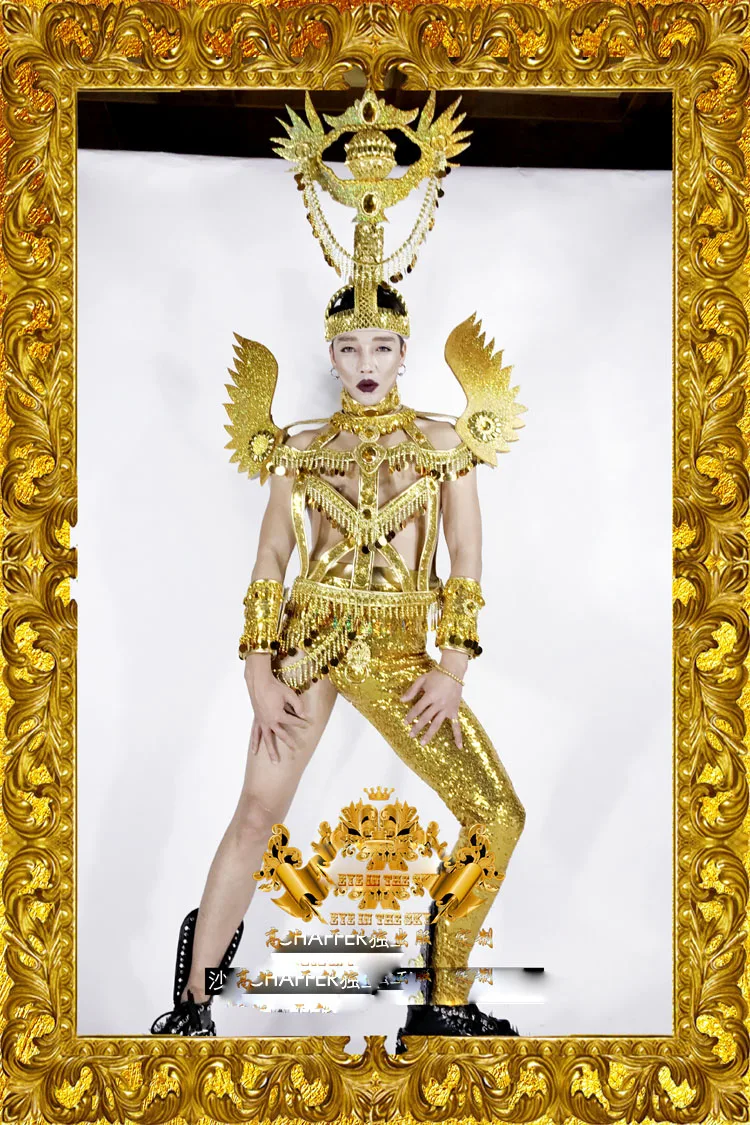 Golden Wings Golden Sun god costume Nightclub DS Dance Team  sexy men robot suit stage show wears bar catwalks performance cloth