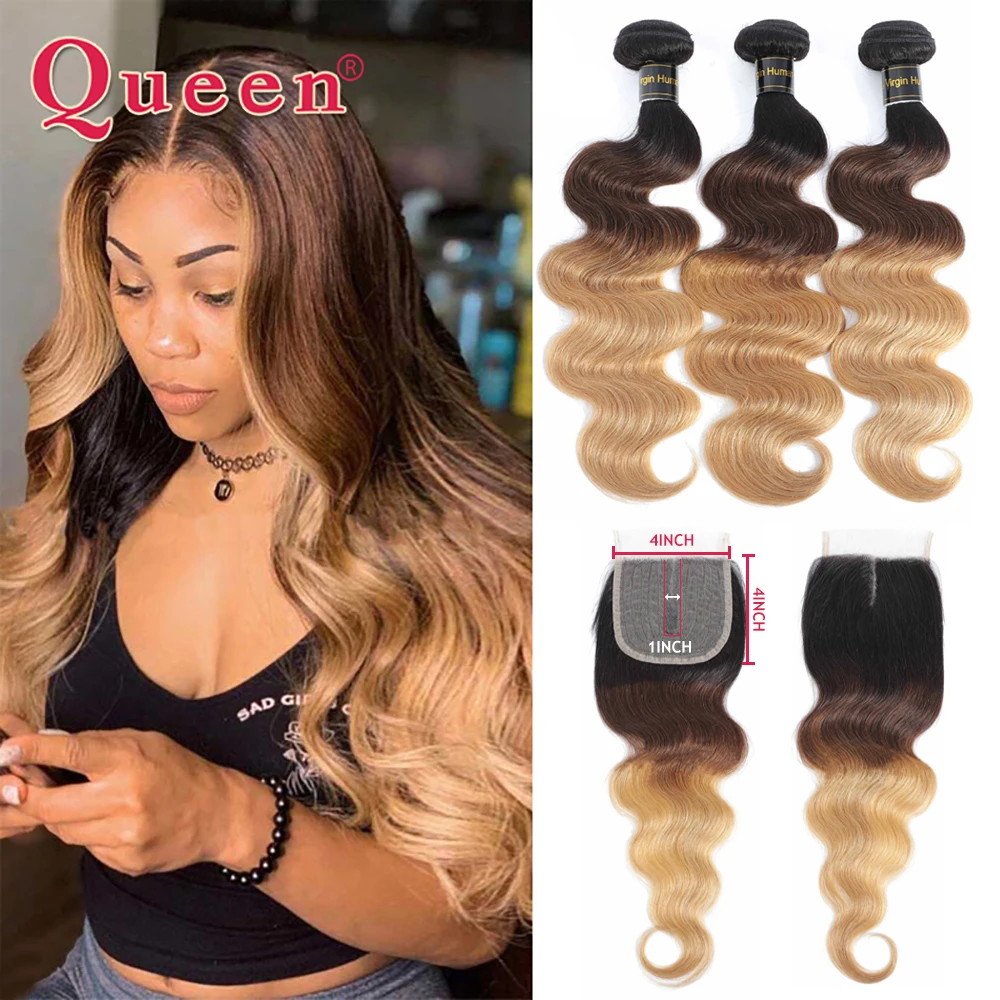 

Body Wave Bundles With Closure Brazilian 1B/4/27 Ombre Bundles Human Hair Body Wave 3/4 Bundles With T Lace Closure Remy Queen