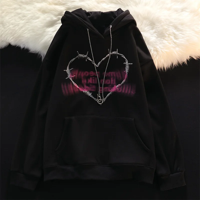 KOSAHIKI 2024 New Casual Heart Letter Print Chain Hooded Harajuku Thick Hoodie Sweatshirt Hip Hop Streetwear  Pullover