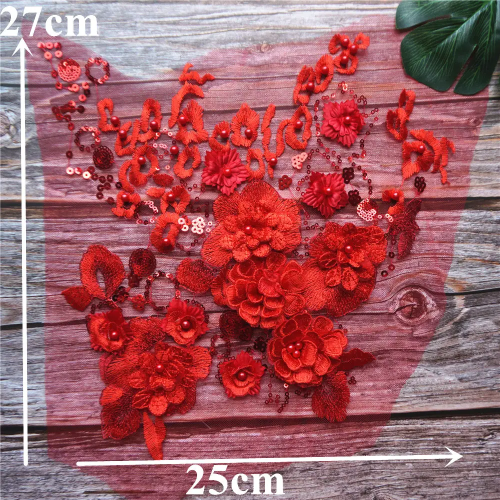 Red Lace Fabric 3D Flowers Beads Sequins Appliques Embroidery Mesh Sew Patch For Wedding Evening Dress Decoration DIY