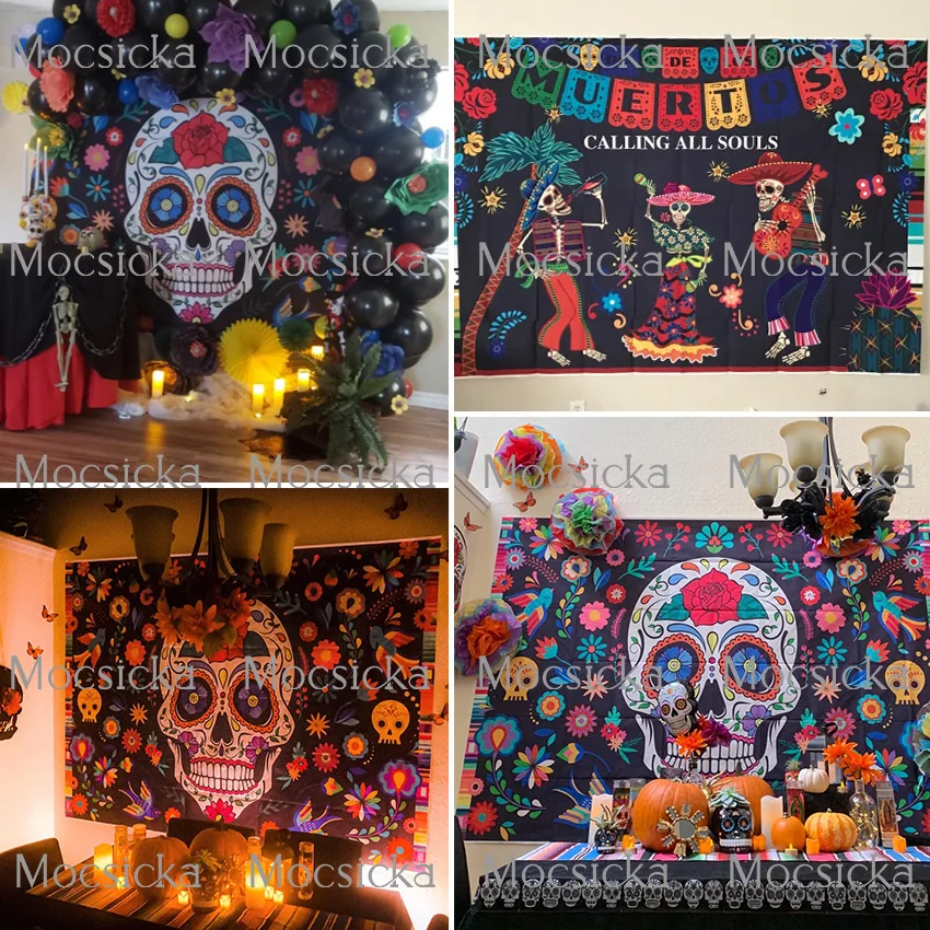 Mocsicka Día de los muertos telón DE fondo calavera DE azúcar mexicana Dia DE Los Muertos Fiesta fotografía de fiesta fondo decoraciones Banner
