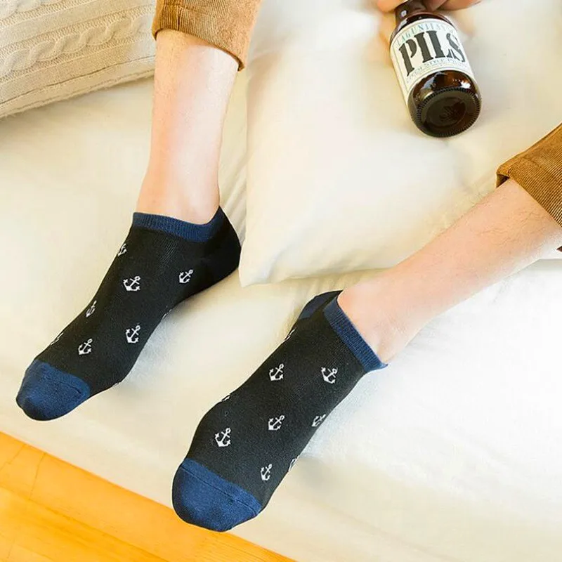 5 Pairs Men Navy Socks Fashion Breathable Stripe Anchor Star Snow Male Spring Summer Boat Socks Comfortable Cotton Ankle Socks