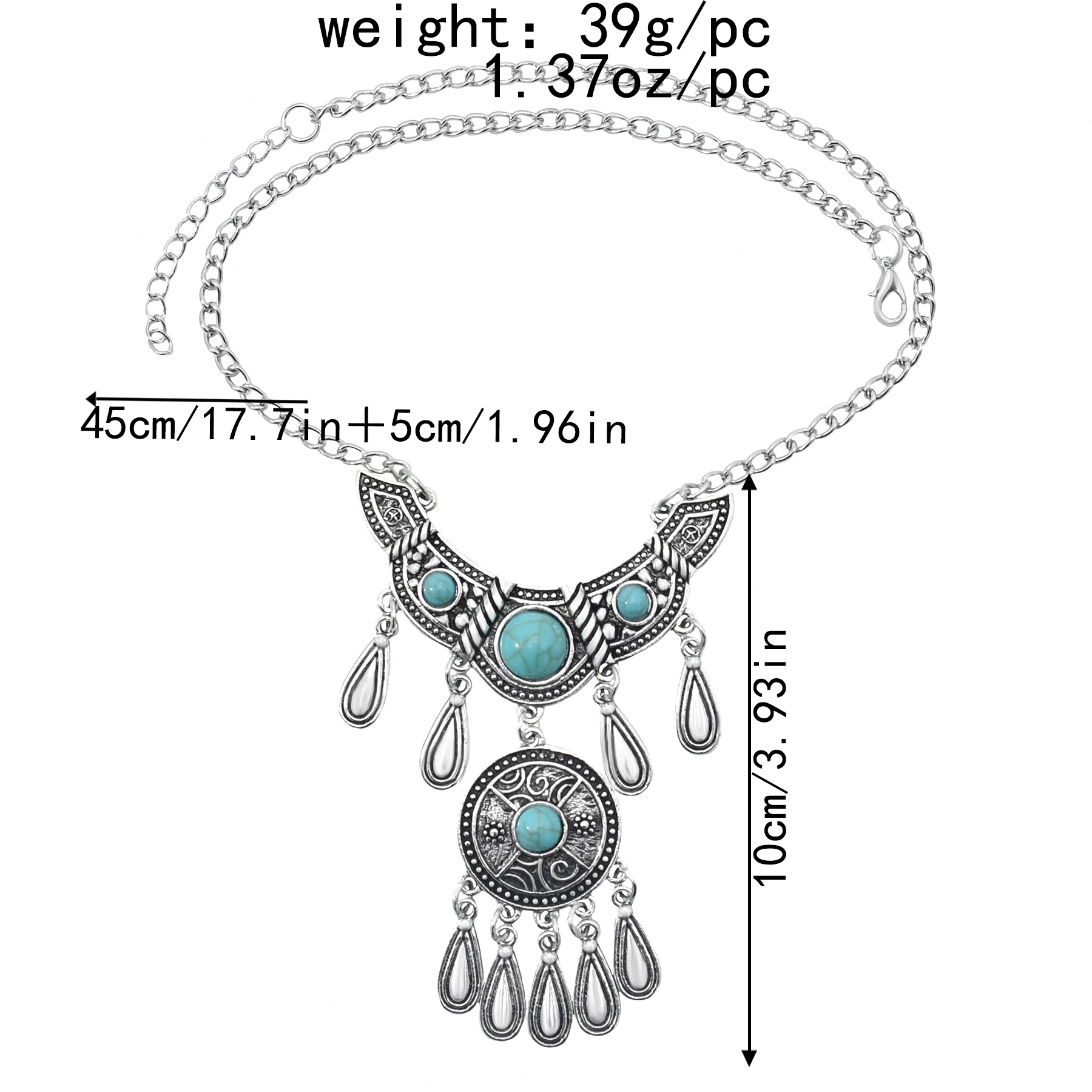 Bohemain Vintage Metal Geometric Pendant Necklaces for Women Blue Stone Ethnic Gypsy Turkish Tribal Indian Party Jewelry Gift