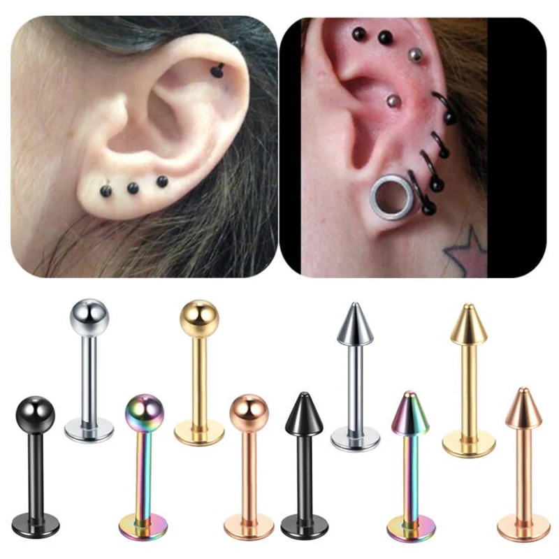 10Pcs/lot Steel Tragus Helix Piercing Spike & Ball 16G Labret Pircing Lip Bar Ring Cartilage Conch Ear Piercing Stud Earring