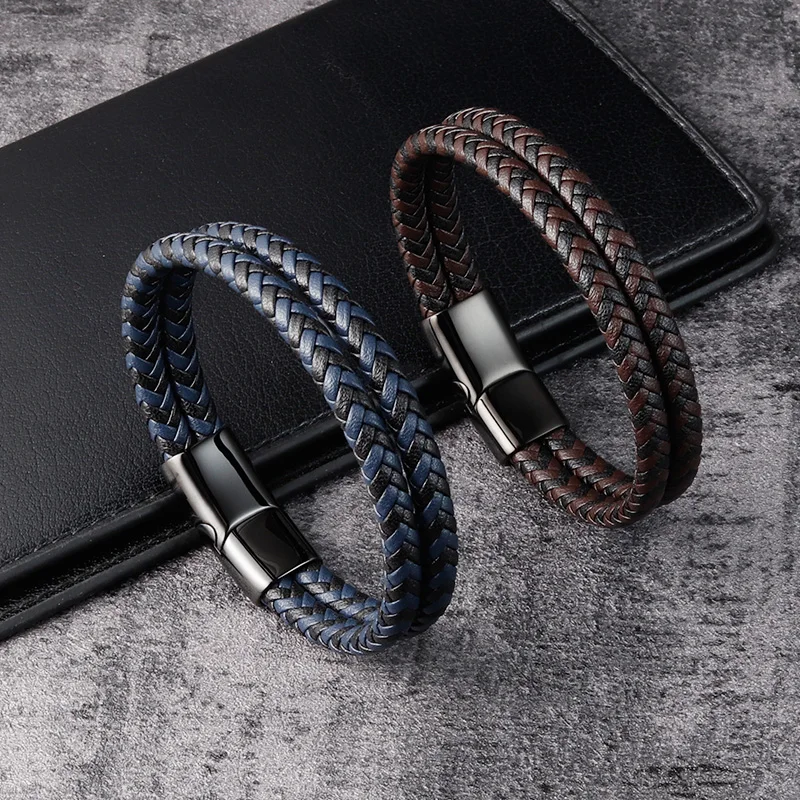 

Fashion Genuine Leather Bracelet for Men Brown Black Rope Chain Stainless Steel Clasp Magnetic Punk Jewelry Cool Gift