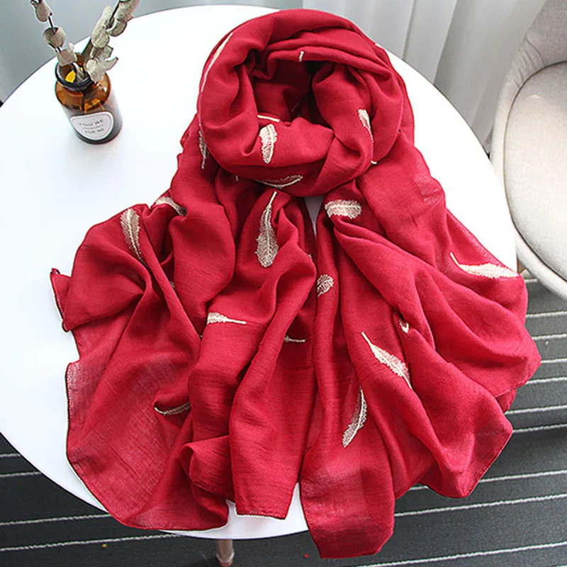 Womens luxury scarfs fashionable Gold lurex Feather head scarf,Cotton embroidery shawl stole,ponchos and cape,Wrap foulard femme