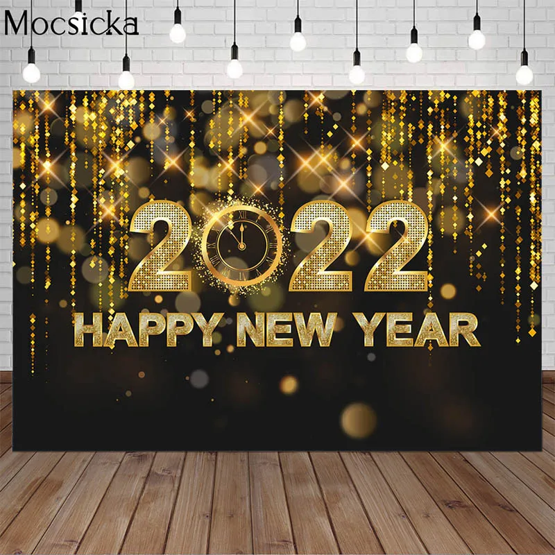 

2022 Happy New Year Backdrop Christmas Black Gold Glitter Bokeh Clock Party Banner Photocall Photography Background Photoshoot