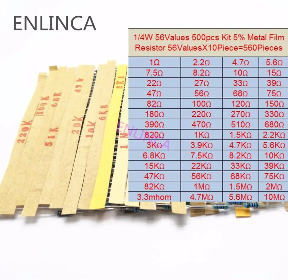 56-75Values 1/4W Metal Film Resistor Kit 5% 0.25W Resistor Assorted diy Kit Set 1 ohm-1M ohm Resistance Pack