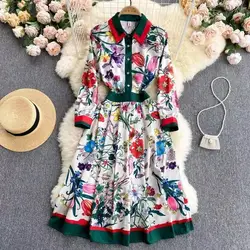 Banulin 2021 Spring Autumn Fashion Runway Shirt Dress Women's Long Sleeve Elegant Floral Stripe Print OL Pleated Midi Dress