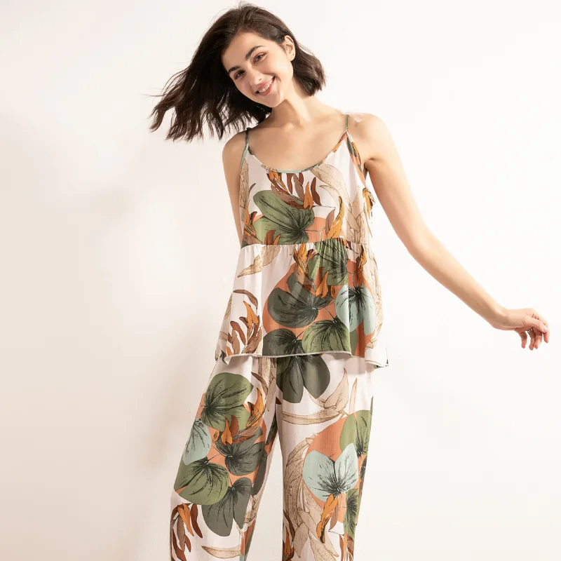 2024New Ladies Pajamas Set Banana Leaves Printing Women Comfort Loose Homewear Large Size Femme Sleepwaear 3 Pieces Set Pijamas