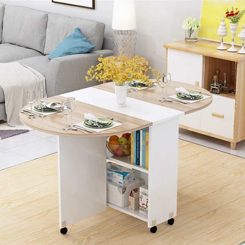 Folding Movable Dining Table With Multidirectional Wheel Wooden Kitchen Table Storage Cabinet Portable Mesa Centro Elevable