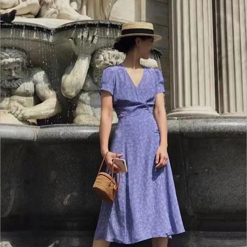 

French Rural Fresh Dress Female New Fairy Violet Elegant Wrap Dress Fashion Temperament Retro V-neck Dresses