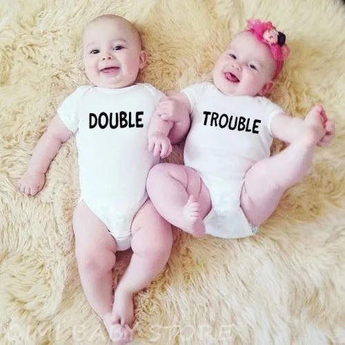 

Double Trouble Funny Newborn Twin Cotton Romper Infant Baby Twins Friends Short Sleeve Jumpsuit Toddler Fashion Outfit