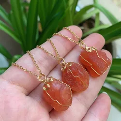 15-20mm Small Natural Stone Pendant Necklace Steel Chain Wire Wrap Rock Raw Red Agates Carnelian Crystal Necklace Women Femme