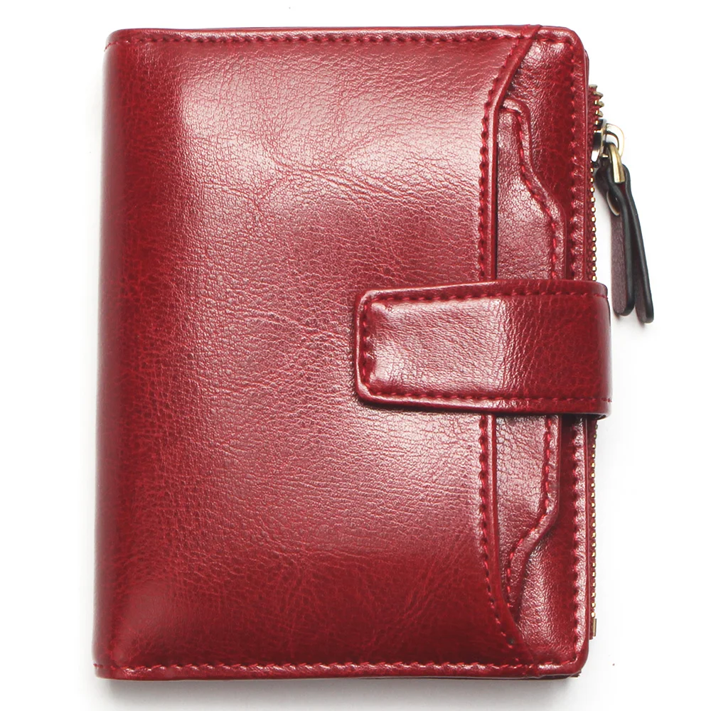 Lady Fashion Oil Waxed Wallet Smooth And Soft 100% Genuine Leather Red Multi-Function Card Holder Women's