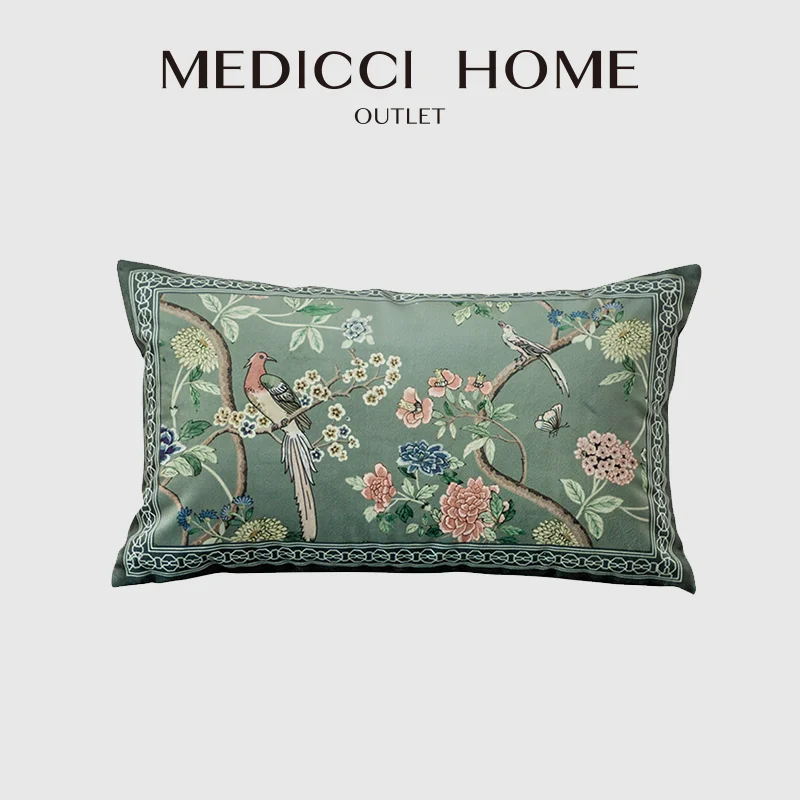 

Medicci Home Chinoiserie Chinese Feature Cushion Covers Courtyard Bird And Flowers Print Lumbar Pillow Case Eastern Home Decor