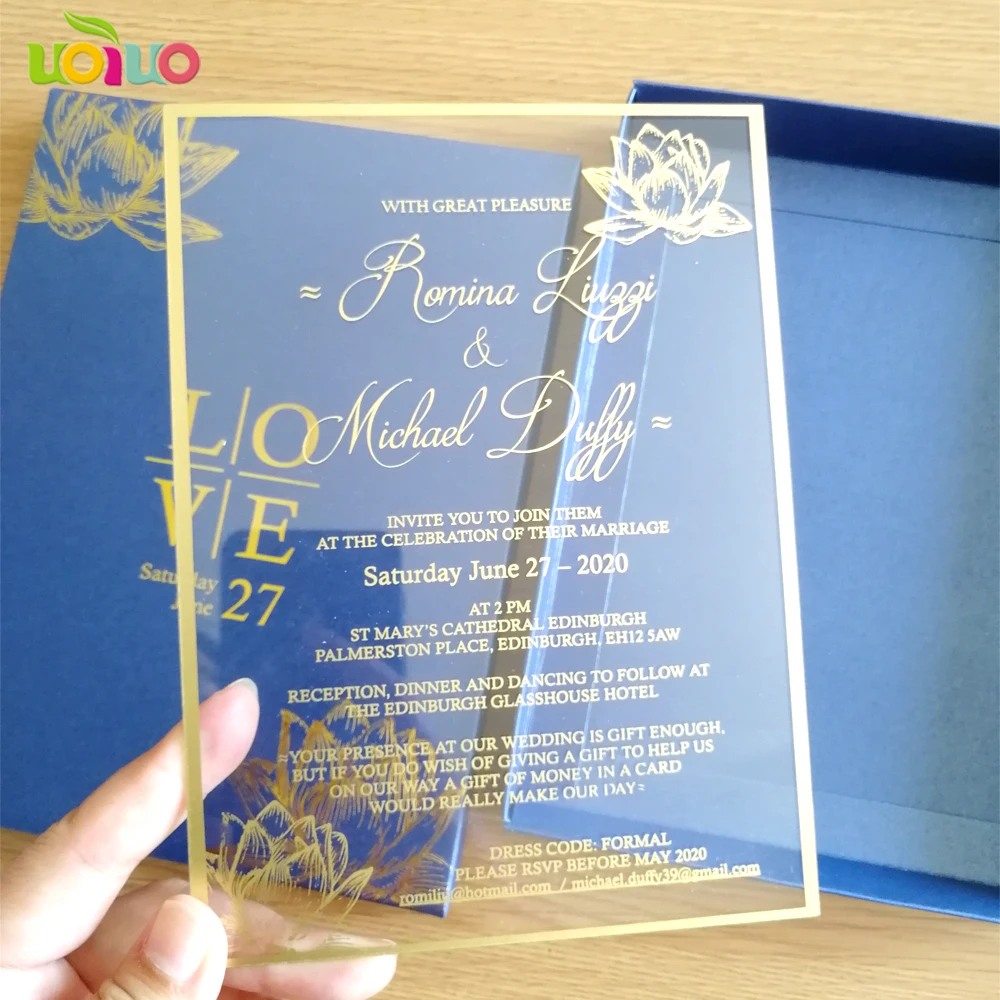 30pcs Lotus Design Gold/Silver Foil Printing Clear Acrylic Wedding Invitation Card with Boxes