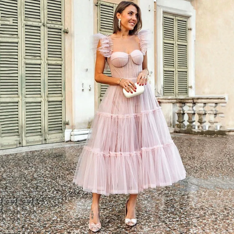 Günstige Rosa Prom Kleider 2021 Plissee Tee Länge Kurze Abend Party Kleider Mieder Plus Größe Homecoming Kleid Formatura