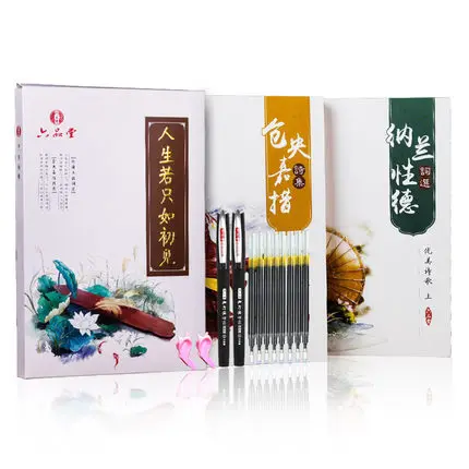 

2 Books Chinese Regular Script Adult Love Poetry Calligraphy Auto Dry Repeat Practice Lu Pin Tang 3D Groove Copybook Pen Set