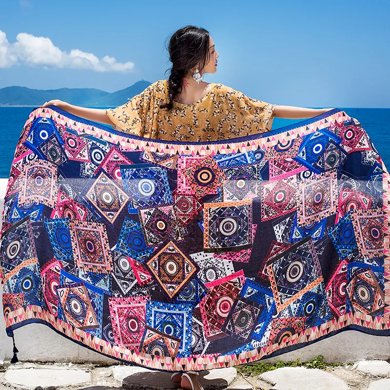 Design Marke Frauen Schal Sonnencreme Baumwolle Schals Dual-Use-Sommer Herbst Lange Schals Urlaub Am Meer Strand Handtuch Beachwear schleier – Detail 12