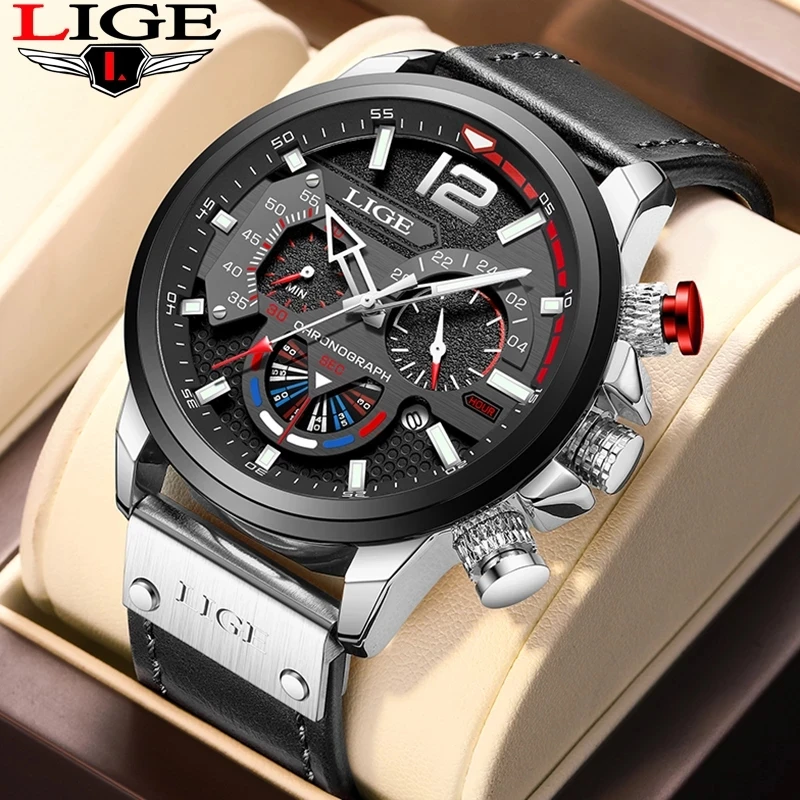 LIGE-reloj analógico con correa de cuero para hombre, nuevo accesorio de pulsera de cuarzo resistente al agua con cronógrafo, complemento Masculino deportivo de marca de lujo con fecha automática, 2023