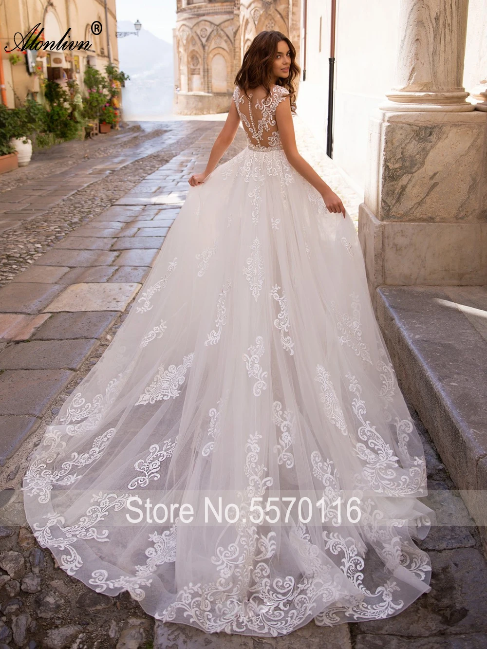 Alonlivn Charming Appliques 2 In 1 Wedding Dresses With Removable Train Elegant O-Neck Beauty Bridal Gowns