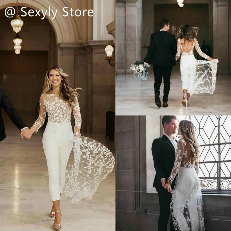 Chic Boho Wedding Dress With Pant Suit Sexy Backless Long Sleeve See Through Lace Bohemian Wedding Dress For Women Customized