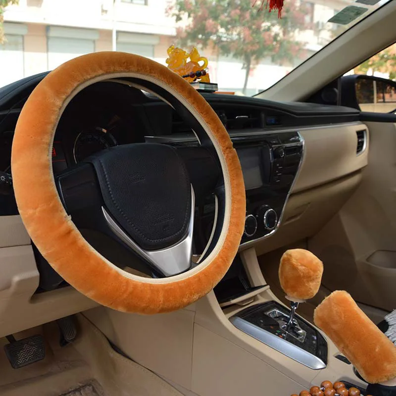 Car Steering Wheel Cover Gearshift Handbrake Cover Protector Decoration Warm Super Thick Plush Collar Soft Black Pink Women Man