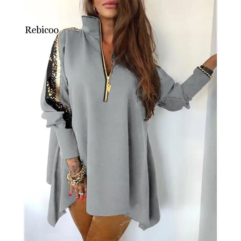 

Women Spring Fashion Sequined Patchwork Zipper Sexy Long Sleeve Sweatshirt Tops Femme European Casual Loose Hoodies