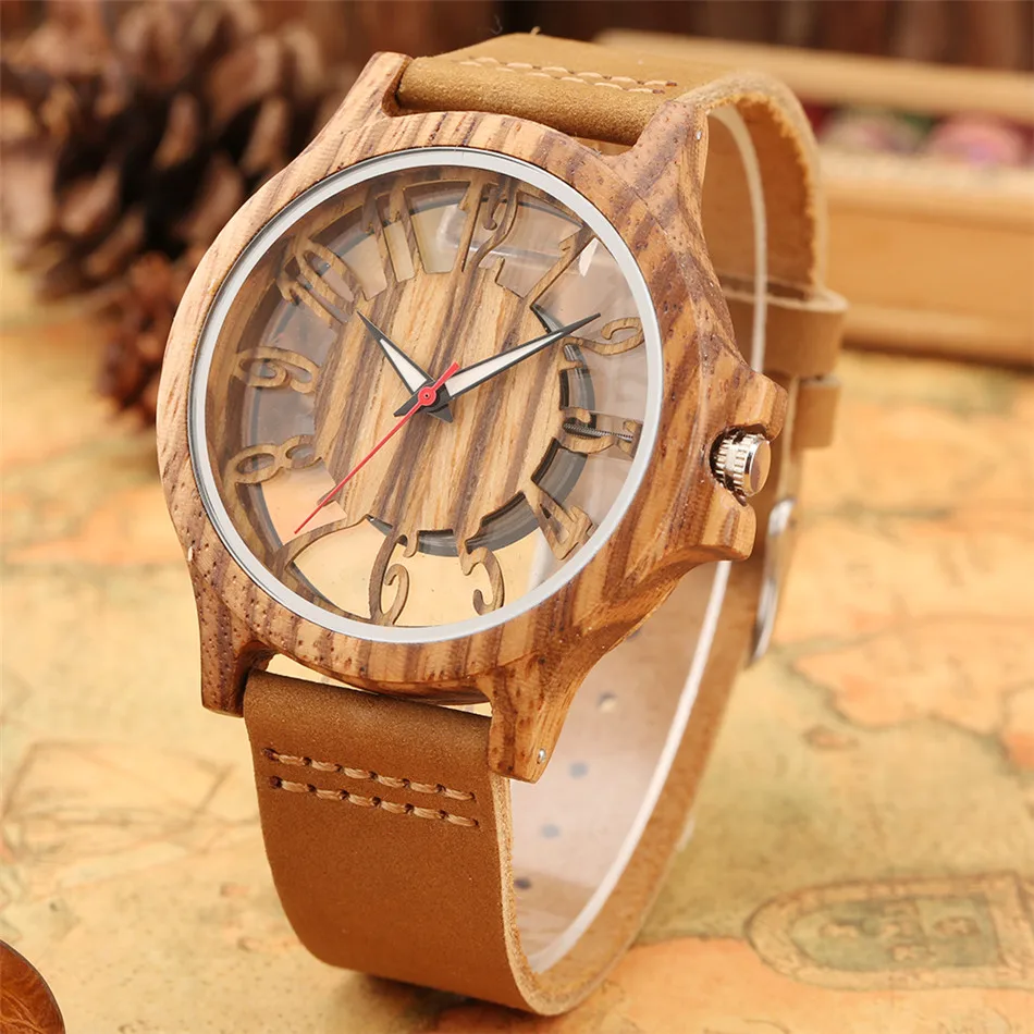 Transparent Hollow Arabic Numerals Display Men\'s Wood Watches Chic Fashion Male Quartz Genuine Leather Timepiece