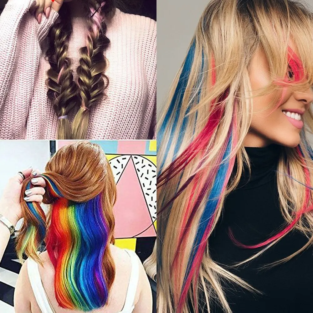 AOSI Long Straight Colored Highlight Synthetic Hair Extensions Clip In One Piece Rainbow Streak Pink Hair Strands For Women Girl