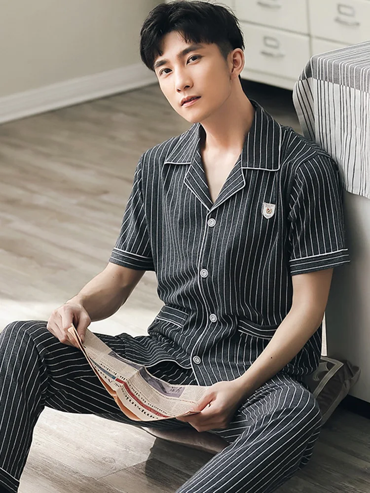 100% Cotton Pajama for Men Summer Short Sleeves Pyjama Button-Down Striped Cotton Pijama Hombre 2PCS Nightwear PJ Plus Size 4XL