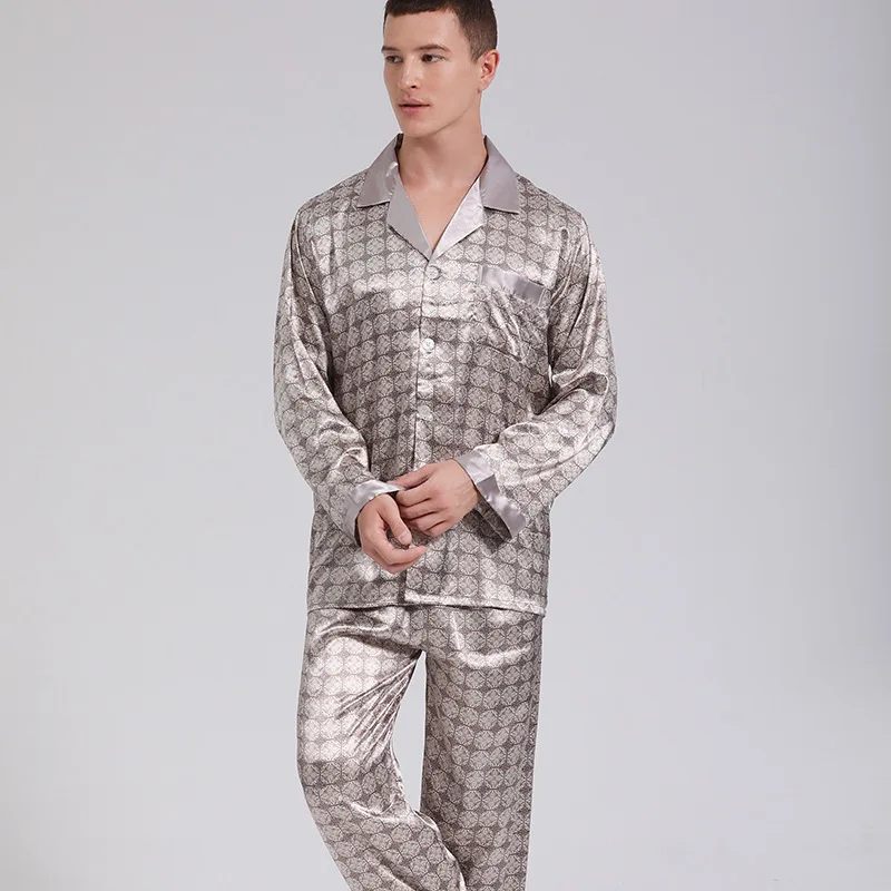 Print Men Sleep Set Casual Long Sleeve Spring Autumn New 2PCS Pajamas Suit Satin Home Clothing Intimate Lingerie With Pocket