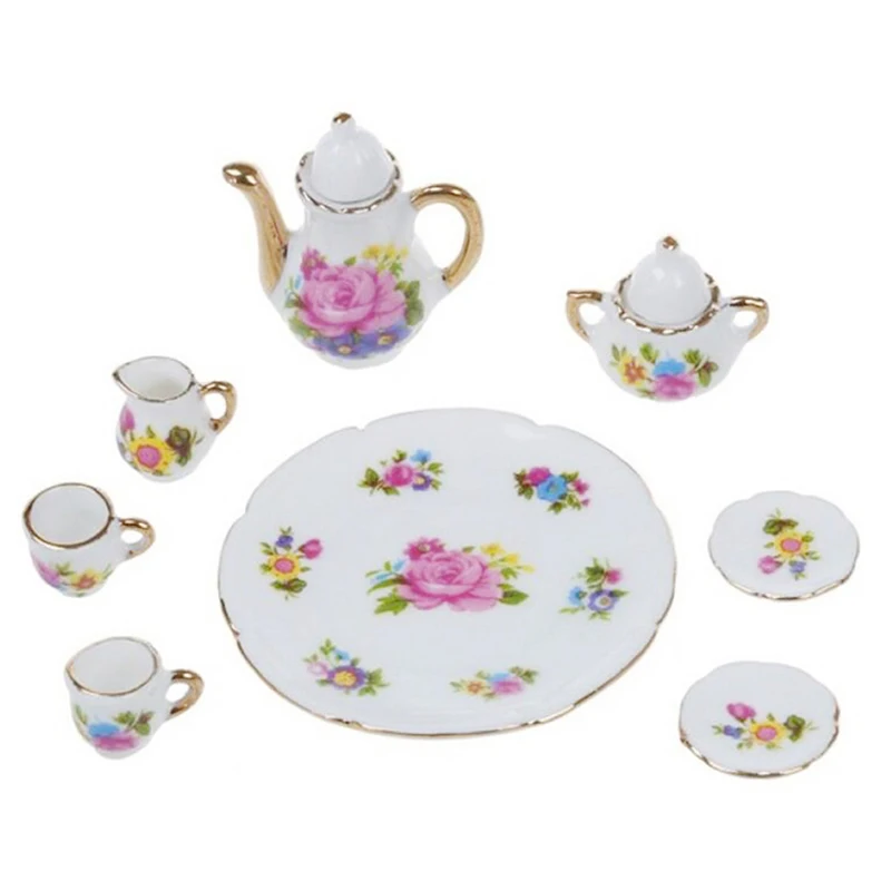 8 pcs/lot Cute Miniature Dollhouse Dinnerware Porcelain Tea Set Tableware Cup Plate Colorful Floral Print