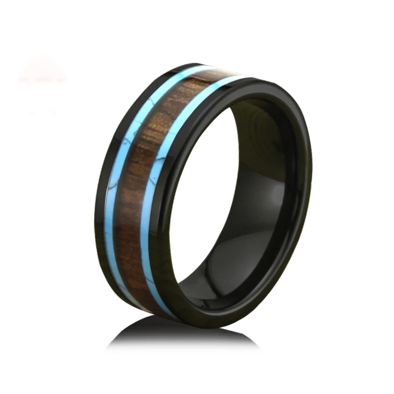 NANDESI Fashion Black plated Acacia Wood and Turquoise Inlaid Ceramics Ring Wedding Band for Men Women Polished Comfort Fit