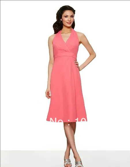 

free shipping 2014 Poly chiffon knee length A-line v-neck keyhole back w/cascade empire waist couture chiffon Bridesmaid Dress