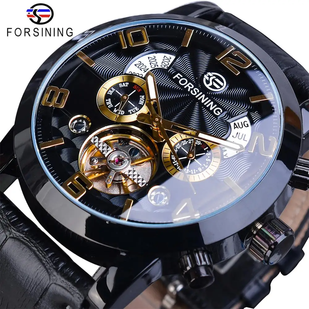 

Forsining Tourbillion Fashion Wave Black Golden Clock Multi Function Display Mens Automatic Mechanical Watches Top Brand Luxury