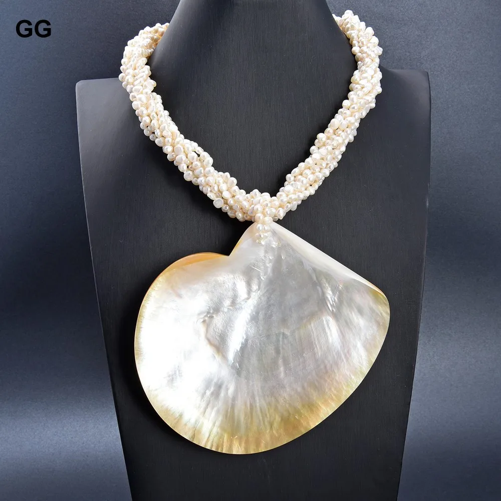 GuaiGuai Jewelry 7 Rows Natural White Keshi Pearl Big Shell Pendant Necklace