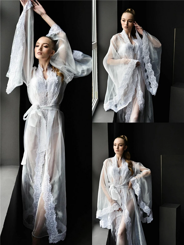 Mesh Ladies Nightgown Lace Edge Tunic White Pajamas Long Sleeve V-Neck Solid Nightwear Sexy Beautiful Party EveningSleepwear