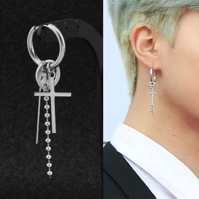 Image 3: KPOP coréen en acier inoxydable boucles d'oreilles femmes hommes lune plume chaîne croix géométrique Punk boucles d'oreilles Hip Hop bijoux unisexe