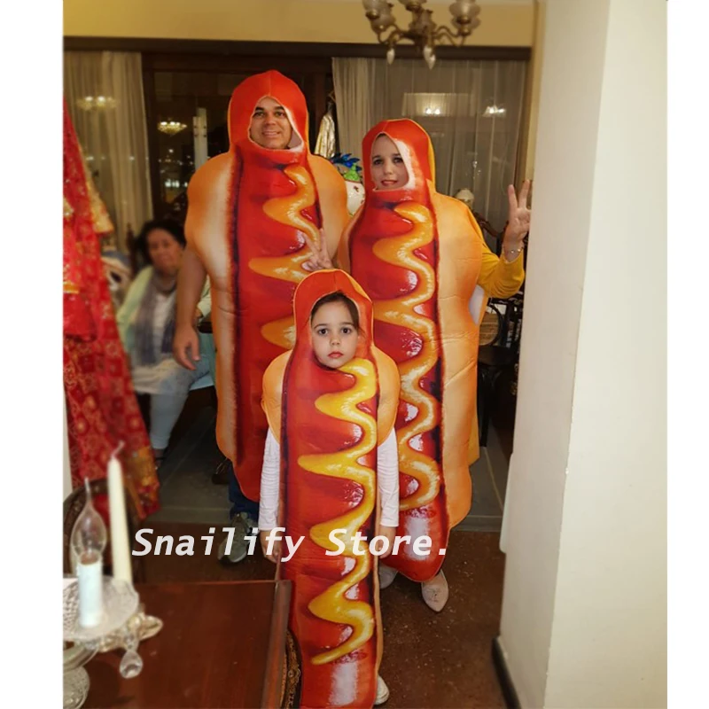 Adult Kids Funny 3D Print Food Sausage Hot Dog Costumes Halloween Men Women Family One-Piece Pizza Costume Carnival Food Costume