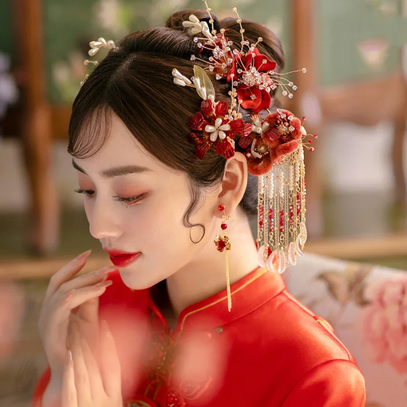 HIMSTORY Chinese Hair Accessories Hairpin Hair Stick Headdress Red Velvet Bridal Hair Jewelry Traditional Hairpin Headpiece